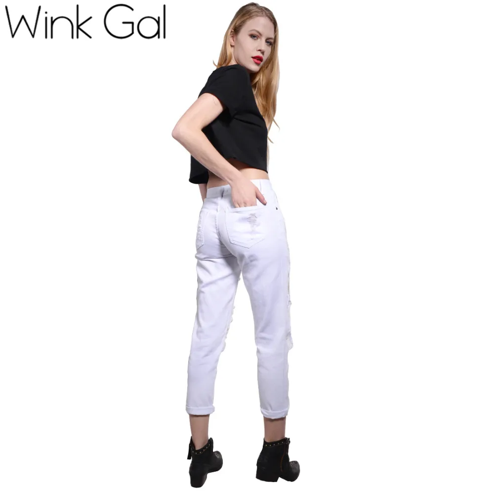 Wink Gal Fashion Рваные джинсы Высокая Талия белые хлопковые скинни, бойфренды джинсы для Для женщин рутая девочка отверстие Рваные джинсы Для женщин ID1505