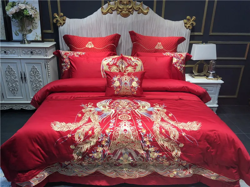 

Red Luxury Wedding Style Golden Phoenix Embroidery 100S Egyptian cotton Bedding Set Duvet Cover Bed cover Bed sheet Pillowcases