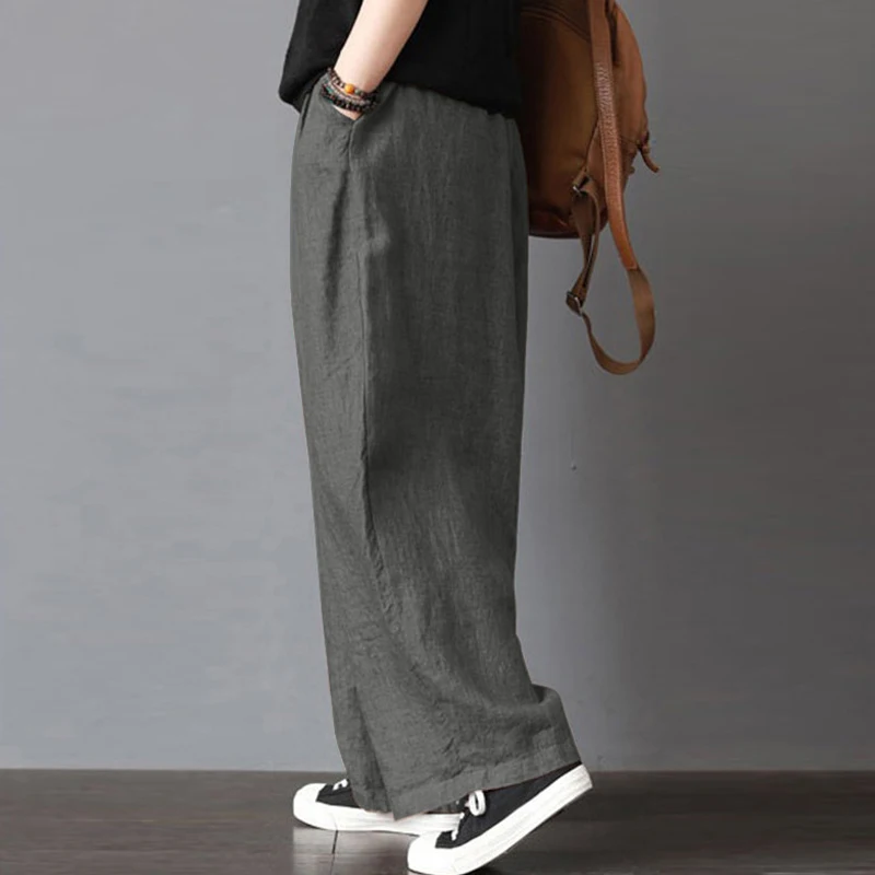 S-5XL Women Fashion Loose Long Pants Cotton Linen Solid Wide Leg Pants With Pockets Ladies Casual Summer Autumn Baggy Trousers