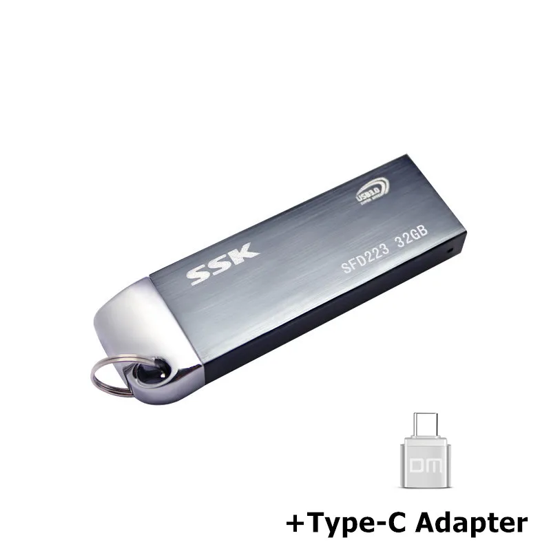 SSK SFD223 USB флеш-накопитель, 128 Гб металлический флеш-накопитель, высокоскоростная USB карта памяти, 64 ГБ флеш-накопитель, реальная емкость, 32 ГБ USB флеш-накопитель, 256 ГБ - Цвет: Plus TypeC adapter