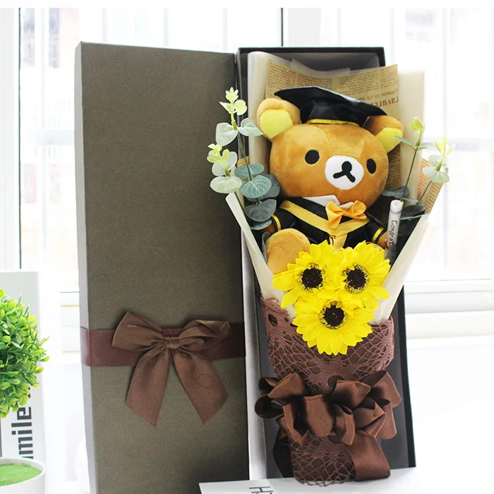 

Promotion Stitch Doraemon Rilakkuma plush toys with Doctorial hats cartoon Bouquet Stuffed Animal Dolls For Graduation gifts