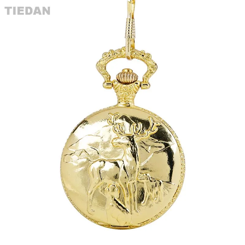 TIEDAN Gold Three Elk Deer Design Retro Antique Quartz Pocket Watches