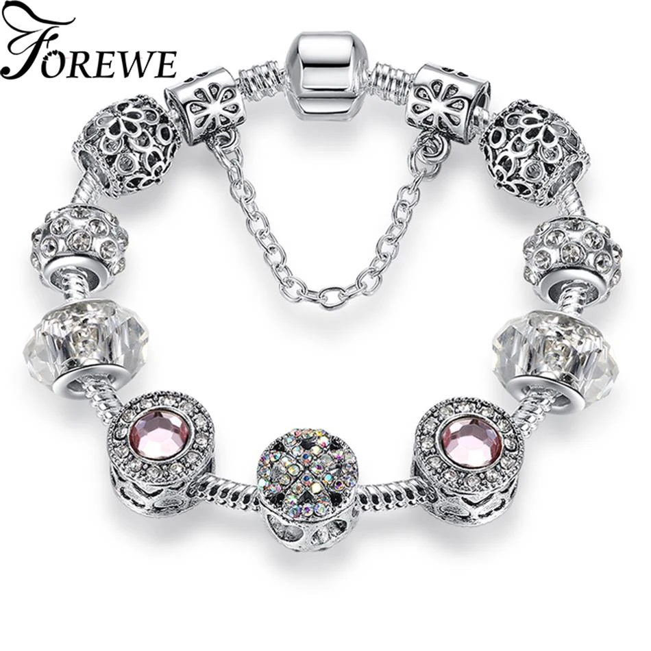 

FOREWE Lucky Clover Heart Women Bracelet with Murano Glass Crystal 925 Silver Beads Charm Bracelet for Women DIY Jewelry Gift
