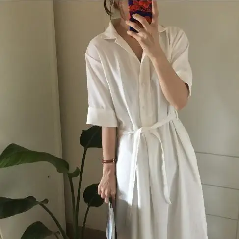 

Autumn Korean style Dress Turn-down Collar Women Dress Half Sleeve Lace up Female Dresses White Vestidos Feminino Tunic LJ375