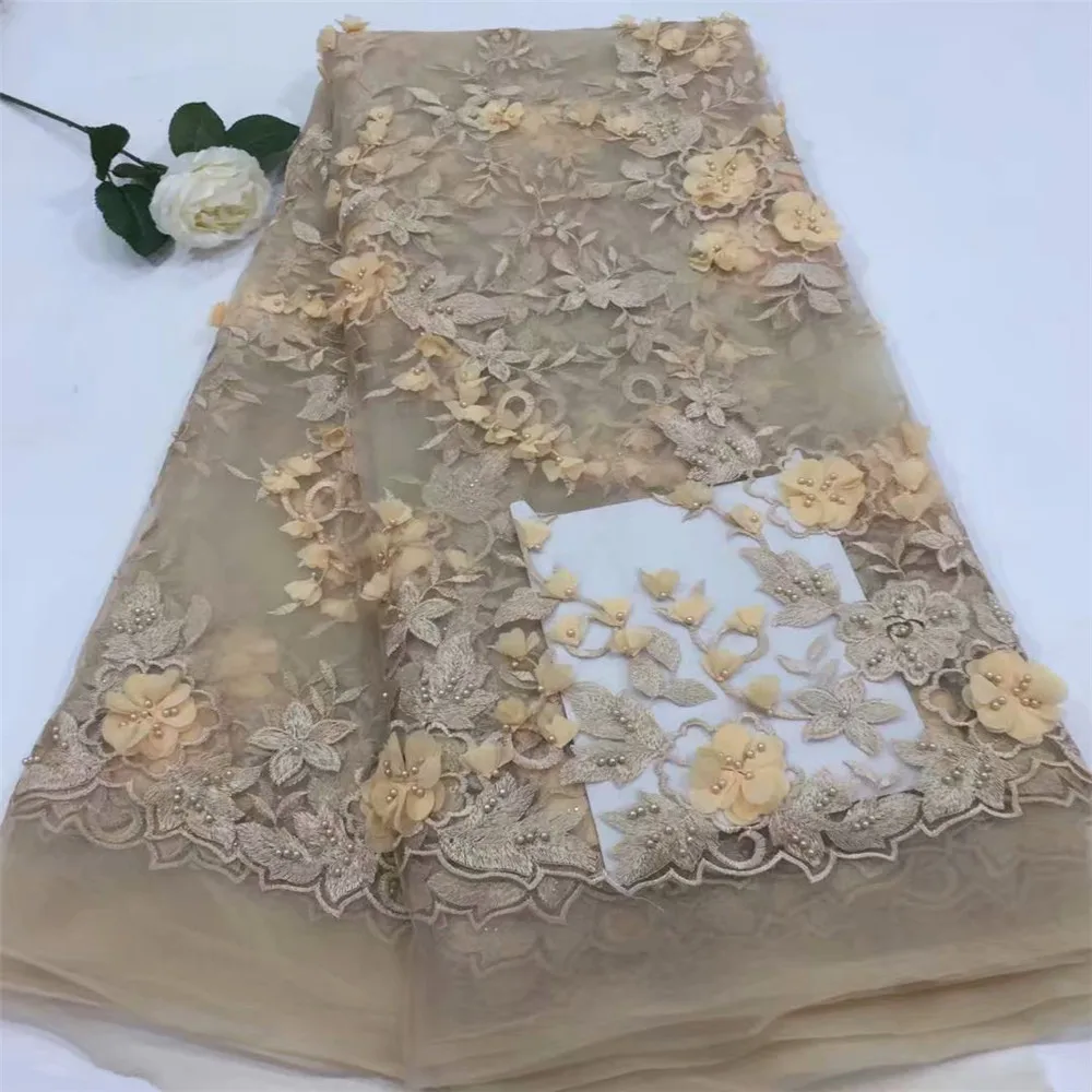 

Beaded appliqued lace fabric high quality Latest african lace noble Handmade 3D lace fabric for Nigerian party H2965