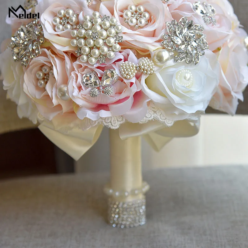 Meldel Bride Wedding Bouquet Bridesmaid Rose Posy Round Artificial Luxurious Silk Rose Bouquet Pink Crystal Pearl Wedding Flower