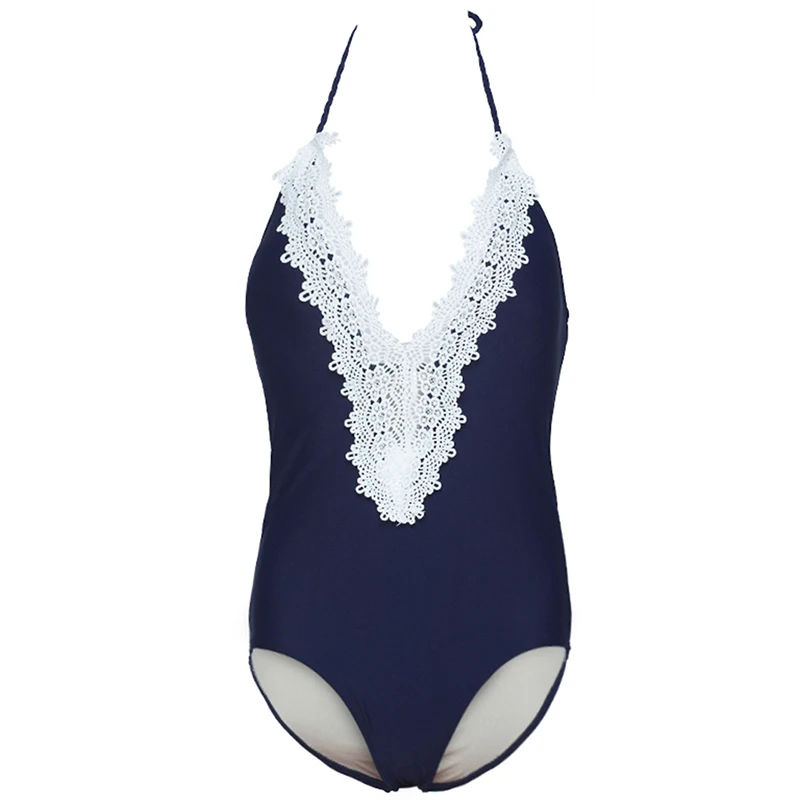 Deep V Swimwear Sexy Backless Women Halter One Piece Swimsuit Solid Bathing Suit Lace Beachwear