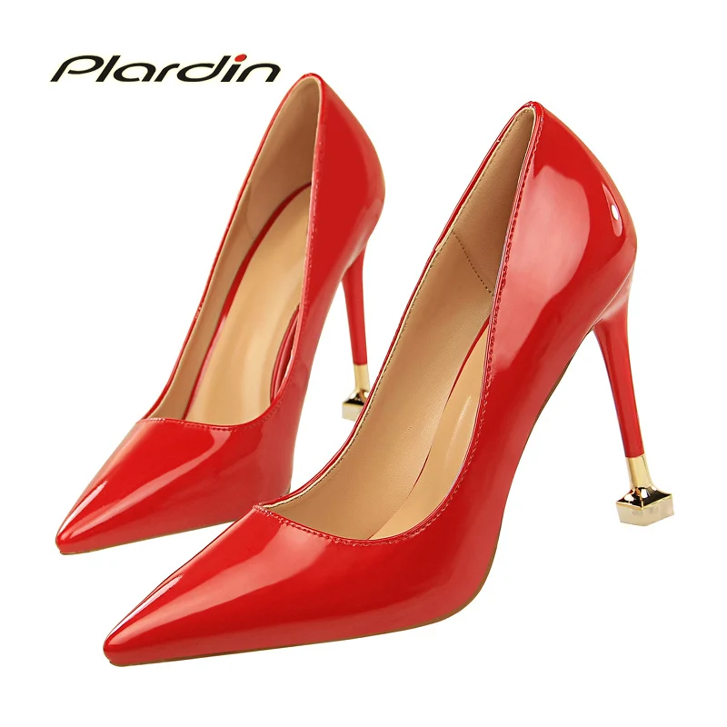 

Plardin New Fashion Contracted With Patent Leather High Heel Shallow Mouth Pointed Sexy Nightclub Show women shoes high heel