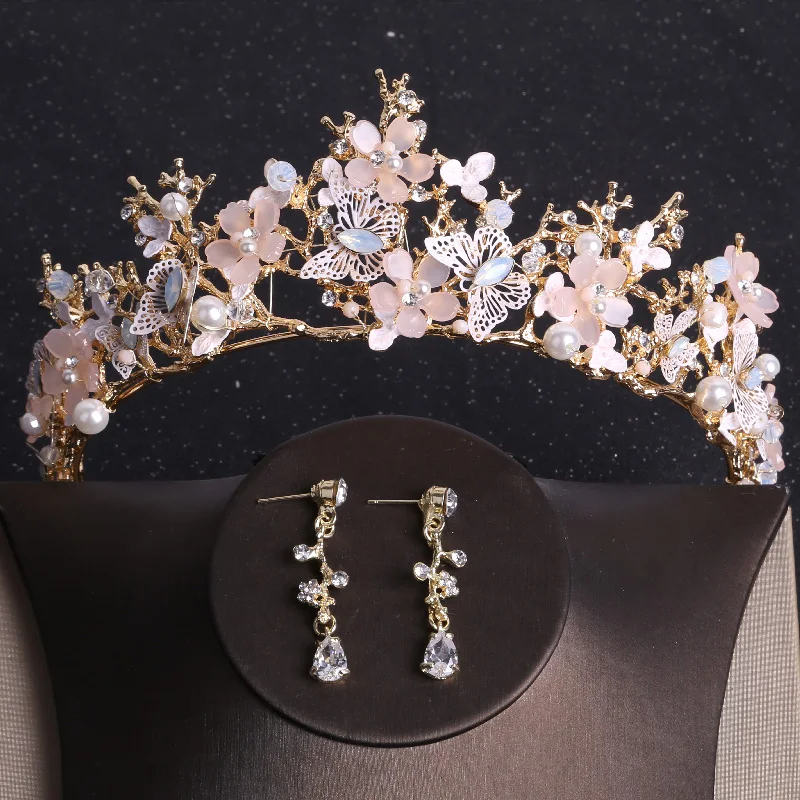 Baroque Gold Color Butterfly Crystal Costume Jewelry Sets Rhinestone Choker Necklace Earrings Tiaras Crown Wedding Jewelry Set bridal jewelry sets
