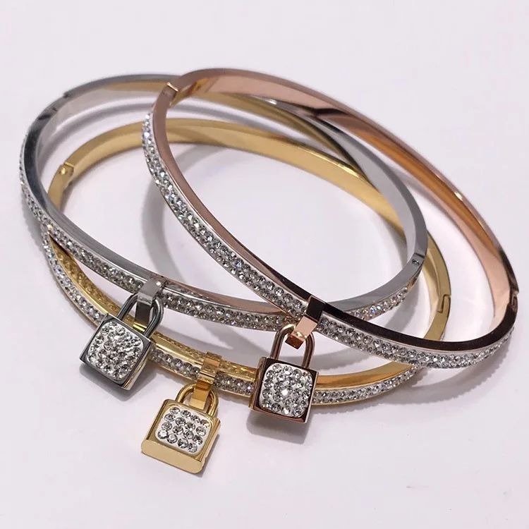 Classic Key lock Bangle Silver Gold Color Stainless Steel Full Zircon