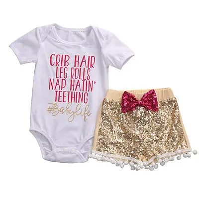 

3Pcs Baby Girl Cotton Short Sleeve letter Tops Rompers Sequin + gold shotrs Outfits Set Clothes