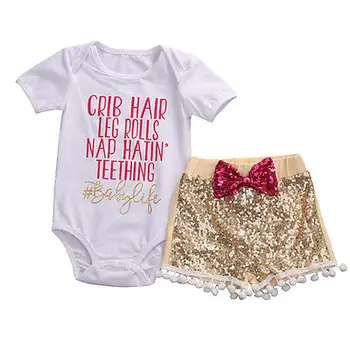 

3Pcs Baby Girl Cotton Short Sleeve letter Tops Rompers Sequin + gold shotrs Outfits Set Clothes