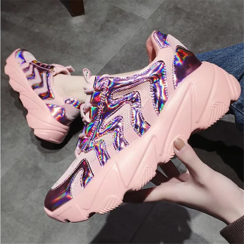 

Spring Glossy Mesh Women's Chunky Sneakers 2019 Fashion Brand 5.5CM Platform Women Flat Thick Sole Shoes Woman Dad Footwear