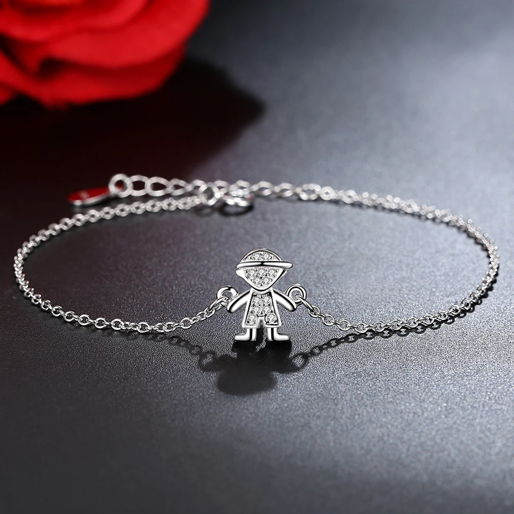 ELESHE Real 925 Sterling Silver Chain Bracelet & Bangle Cute Crystal Boy Charm Bracelet For Women Girls Children Kids Jewelry