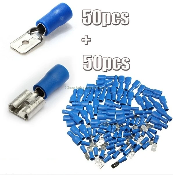 100Pcs Blue Semi Insulated Spade Electrical Crimp Connectors Mixed Male
