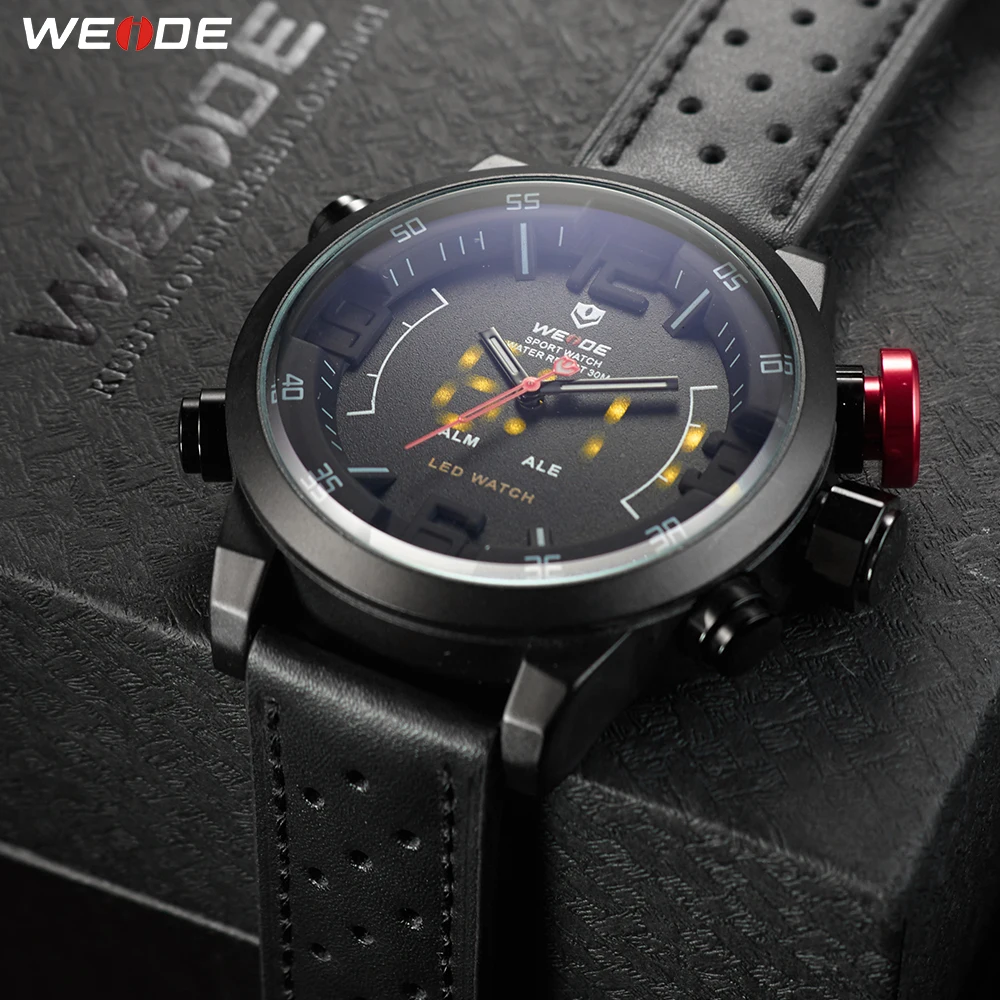 WEIDE Men's Business Casual Sports Quartz LED Display Top Luxury Brand Quartz Leather Strap Military Army Wrist Watch  Clock