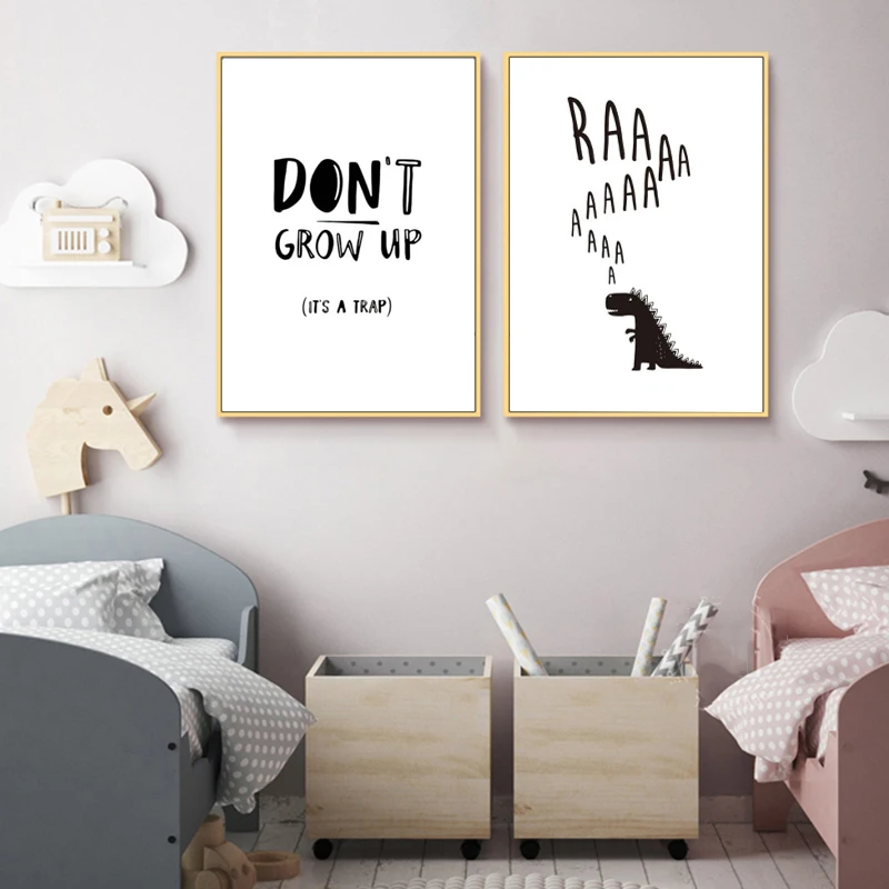 

Nordic Black and White Cartoon Dinosaur Don't Grow Up Poster Wall Art Print Canvas Painting Pictures Kids Bedroom Home Decor
