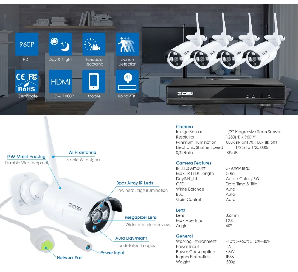 ZOSI Plug& Play Беспроводной 4CH CCTV Камера Системы P2P Беспроводной NVR и IP Камера 960 P открытый пуля Wi-Fi наблюдения Системы