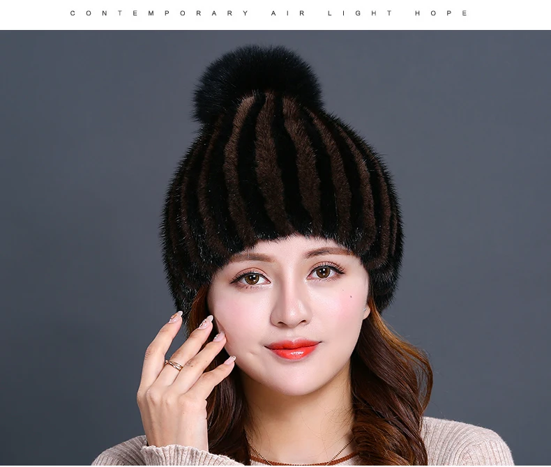 Winter hats Real Mink Fur Fat For Women Knitted Natual fur Beanies Female Thick Warm With Hat Fox Fur Pompom RC1349 (19)