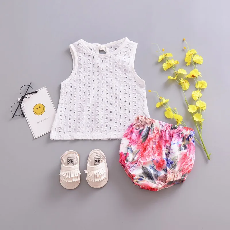 Summer New Newborn Baby Kids Girls Lace Hollow Cotton Blouse Casual Solid Color White Sleeveless Comfortable Breathable T-shirt