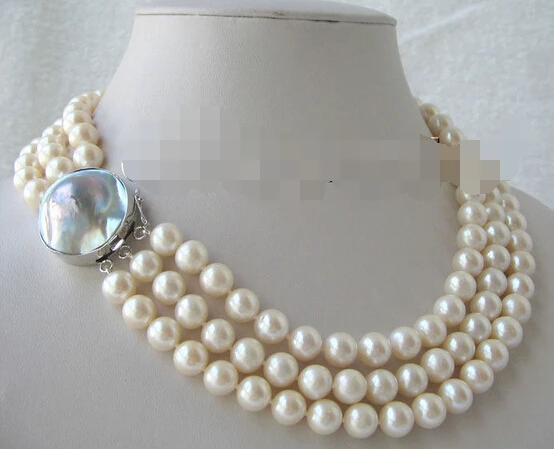 

Wholesale fast 100% Natural jewelry AAAA19"3row 8-9mm natural white round freshwater pearl necklace-silver Mabe clasp