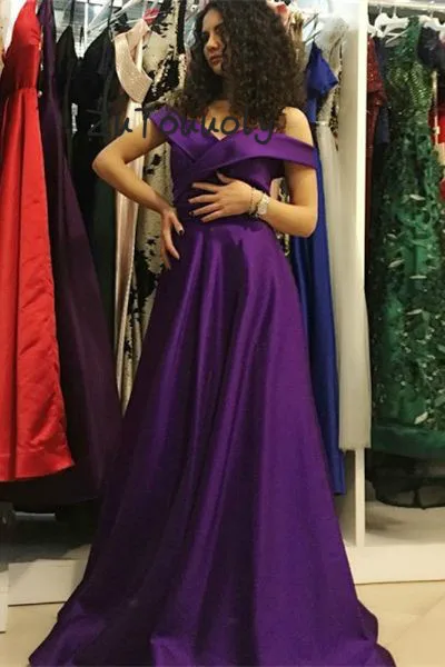 purple off the shoulder prom dress