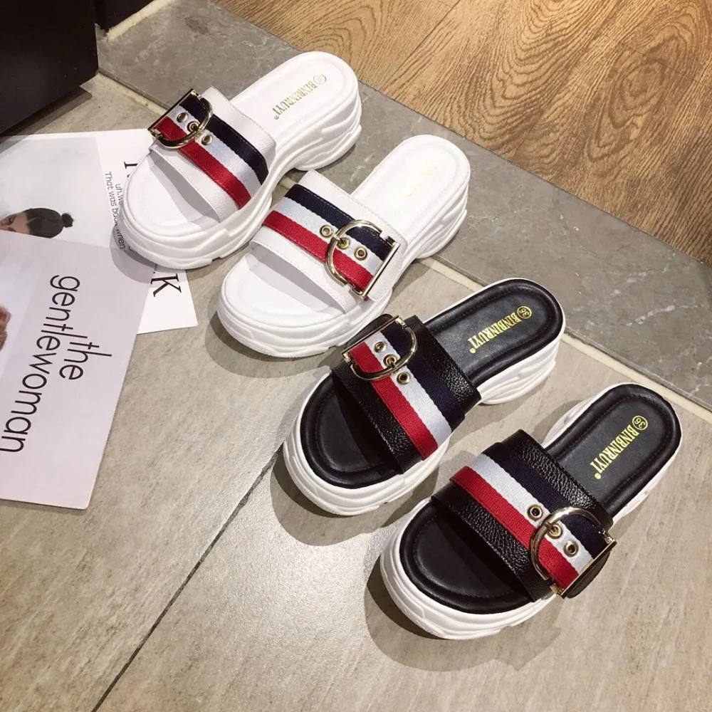 

Slippers Platform Shoes Women Slides Soft Summer Flat 2019 Sliders Fabric Hoof Heels Casual Rome Rubber Basic PU Leisure