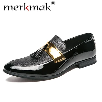 

Merkmak Shining Tassel Loafers Men Classic Pointed Glitter Leather Shoes Male Slip On Comfortable Casual Dress Shoes Men's Flats