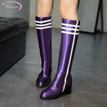 

British college style round toe paint knee-high boots stripe color matching zipper mirror high heels chunky women's riding boots