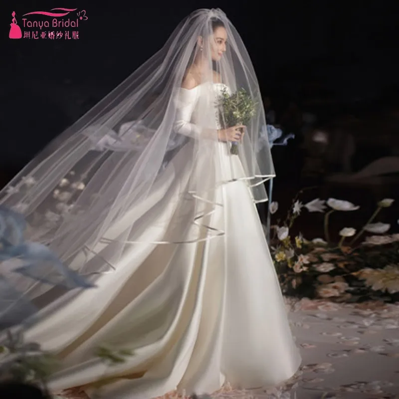Винтажные Свадебные платья Длинные рукава линия с открытыми плечами атласное с вырезом «лодочкой» свадебное платье Часовня Поезд DQG572