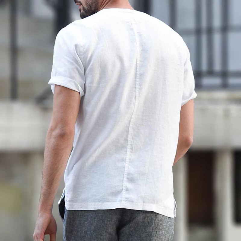 Английский стиль, винтажная Мужская рубашка с коротким рукавом, футболка из хлопка и льна с v-образным вырезом и пуговицами, свободная, большой размер, M-3XL, белая, для отдыха на пляже