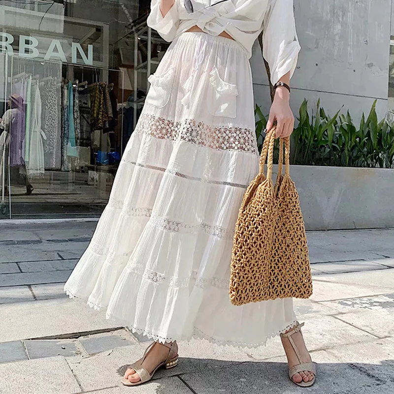 

High Waist Cotton White Long Skirt Summer Women Elegant Bohemian Lace Skirts Womens Solid Vintage Boho Skirt Maxi Falda Mujer