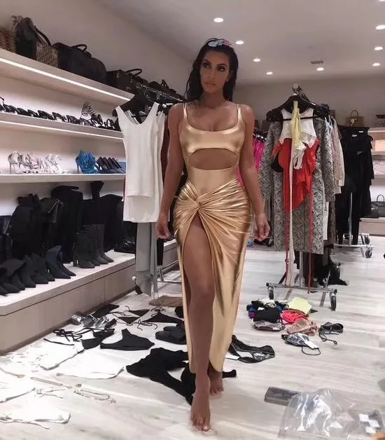 

High Quality Gold Celebrity Sleeveless Keyhole Long Dress Evening Party Dress