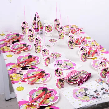 

141pcs minnie Kids Birthday Party Decorate Supplies Party Decoration Tableware Set Tablecloth Plate Gift Bags flags caps