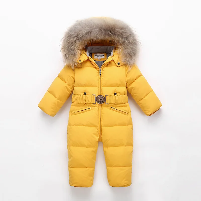 Детский зимний комбинезон, детский зимний комбинезон с натуральным мехом, 90% утиного пуха, куртка для девочек, пальто Зимняя парка для малышей, комбинезоны для мальчиков - Цвет: Цвет: желтый