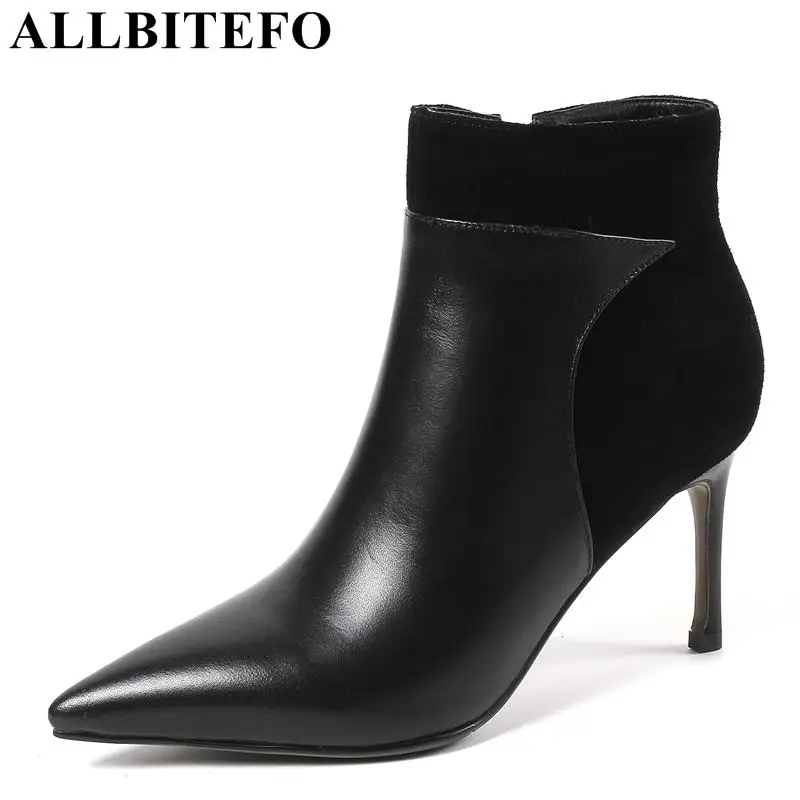 

ALLBITEFO size 34-43 cow leather ladies women boots pointed toe design high heel shoes girls ankle boots sexy motocycle boots