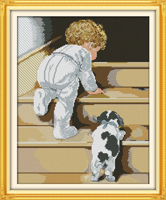 

Boy and dog Cheer up Printed Canvas DMC Counted Chinese Cross Stitch Kits printed Cross-stitch set Embroidery Needlework