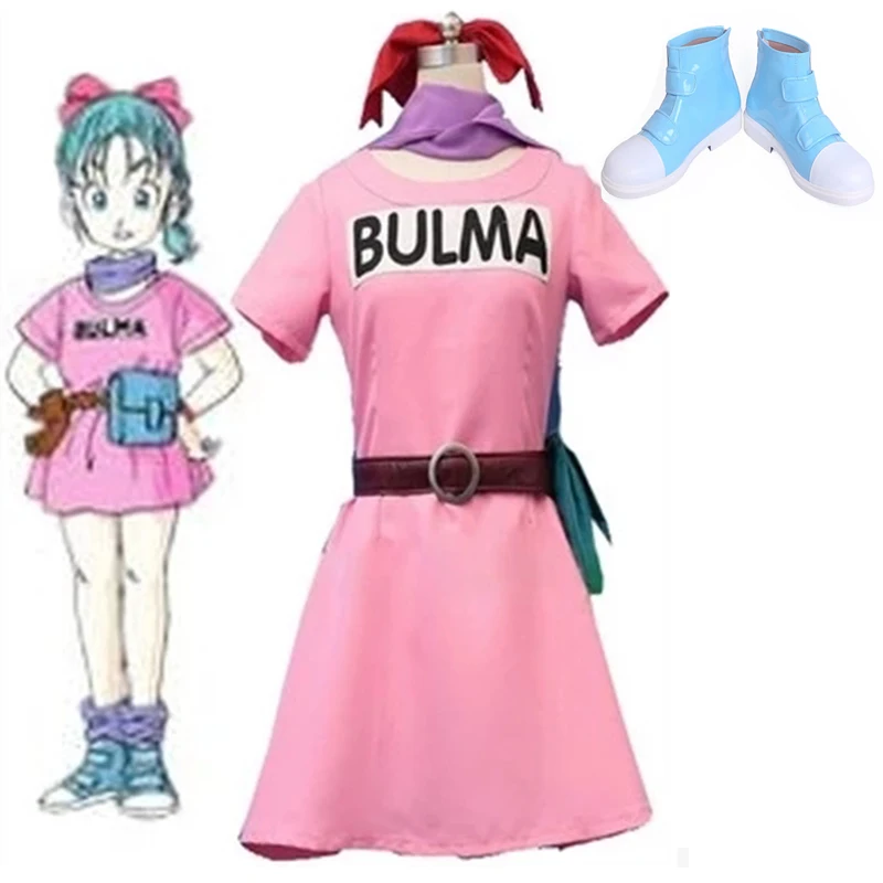 

Adult Dragon Ball Z Bulma Cosplay Costume Summer Pink Dress Women Halloween Bulma Cosplay Boots Blue Shoes Custom Made Any Size