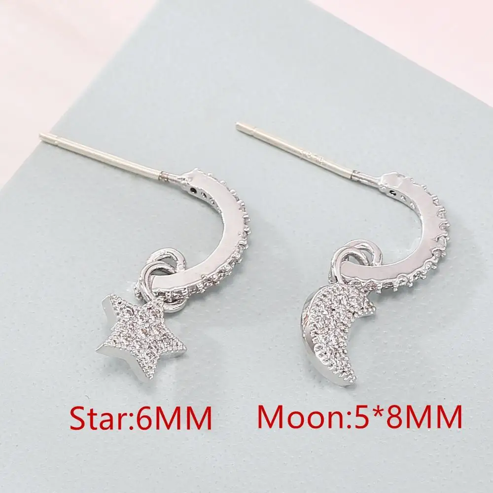 

Trendy Korean fashion 925 Sterling Silver Small Mini Cute Luxury Moon Star CZ Drop Earrings Women female Asymmetrical Earrings