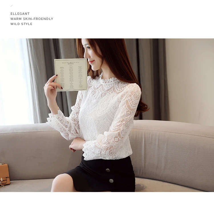 Элегантные повседневные блузки, рубашка blusa Новая зимняя женская обувь белого цвета с длинными рукавами кружева Ерш топы, Блузки из шифона Для женщин модные 809C3