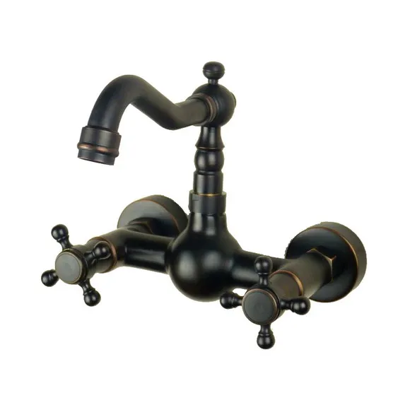 

Black Wall Mounted Kitchen Faucet Mixer Tap Dual Cross Handle Swivel Spout Cold & Hot Water Tap Chg008