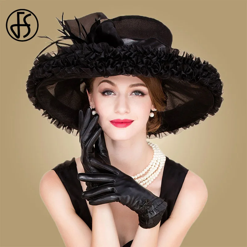 

FS Elegant Organza Church Hats Black For Women Wedding Formal Fedoras 2018 Summer Large Wide Brim Bowknot Kentucky Derby Hat