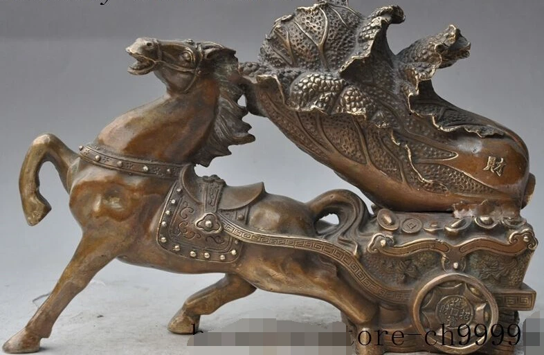 

12"chinese fengshui bronze wealth money yuanbao Horse Pull cabbage lucky statue