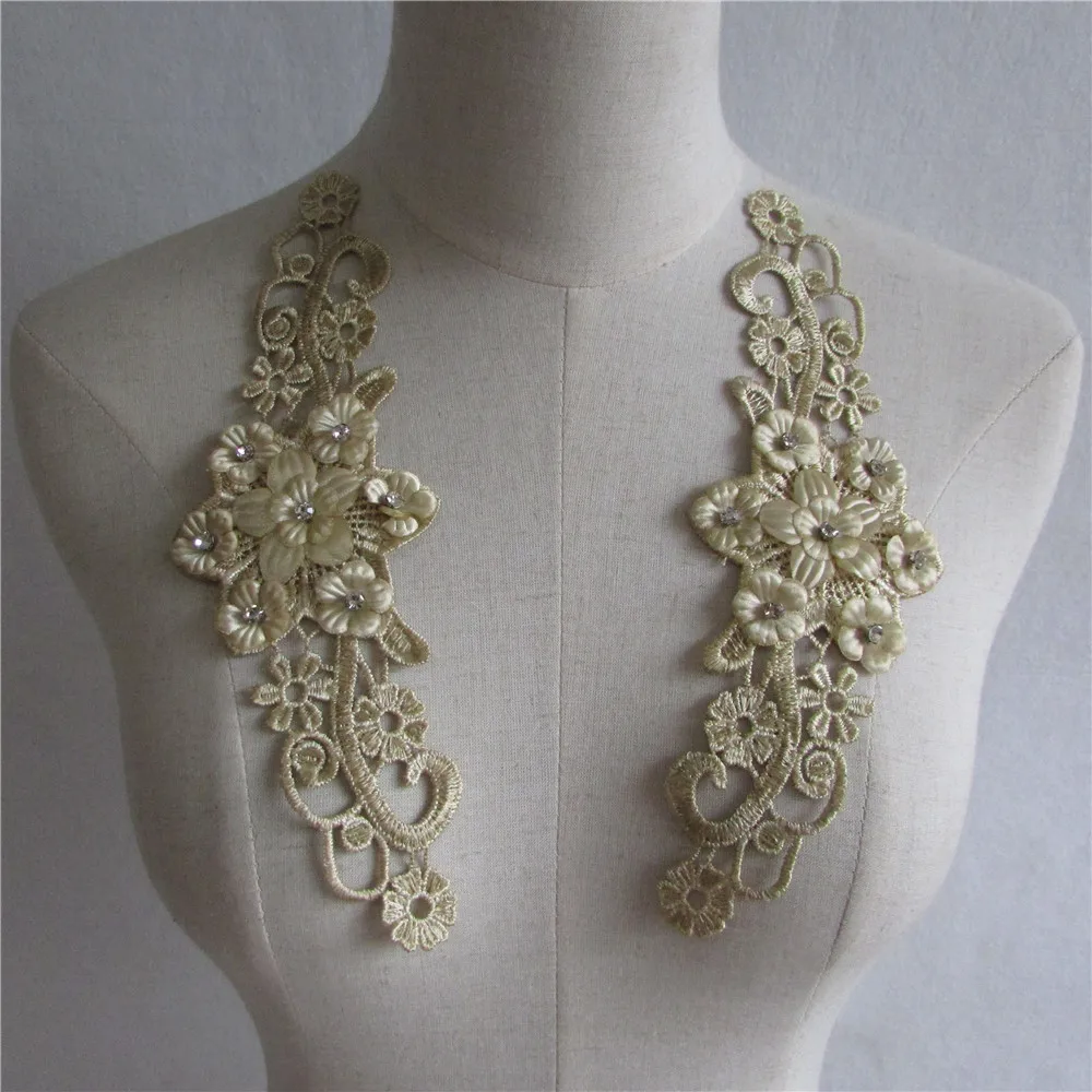New style golden Floral Applique pearl Decorated DIY Lace Collar Fabric
