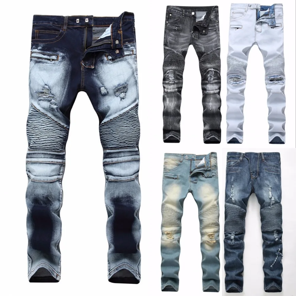 2017 New Fashion Destroyed Biker Jeans Mens Ripped Distressed Straight ...