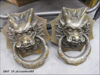

10" Feng shui china folk bronze Dragon head knocker Knock door ring statue Pair Garden Decoration 100% real Brass Bronze