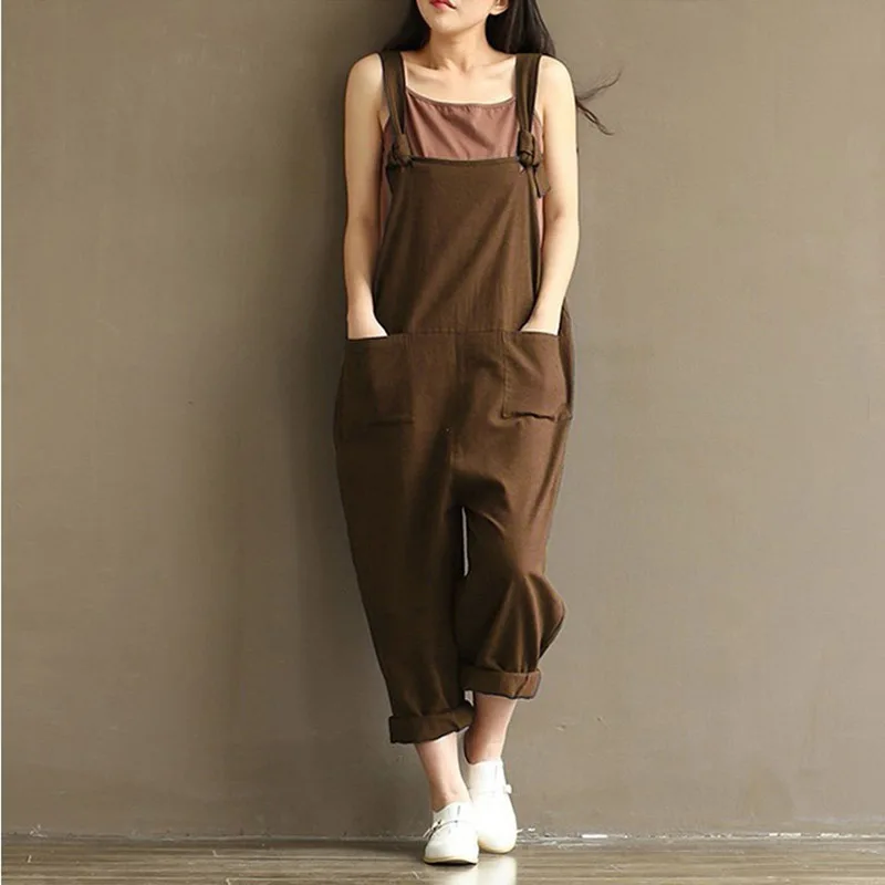 

Wide Leg Women's Overalls Pants Sleeveless Rompers Bowtie Pockets Vintage Trousers For Women Loose Jumpsuits Female Plus Size