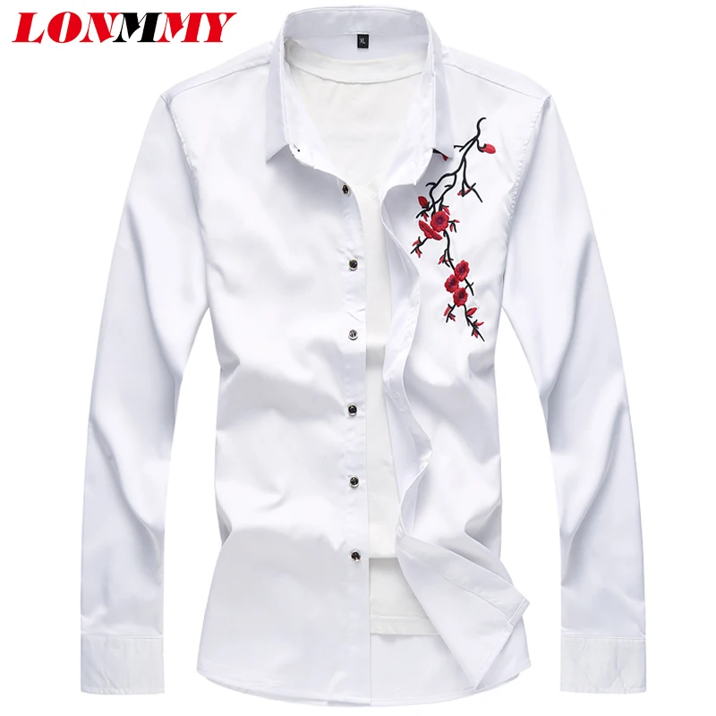 LONMMY 4XL 5XL 6XL 7XL мужская рубашка с цветочным принтом, рубашки с длинным рукавом, Мужская одежда, приталенная Повседневная Цветочная блузка, новинка, черный, белый, темно-синий