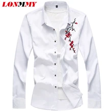 LONMMY 4XL 5XL 6XL 7XL мужская рубашка с цветочным принтом, рубашки с длинным рукавом, Мужская одежда, приталенная Повседневная Цветочная блузка, новинка, черный, белый, темно-синий