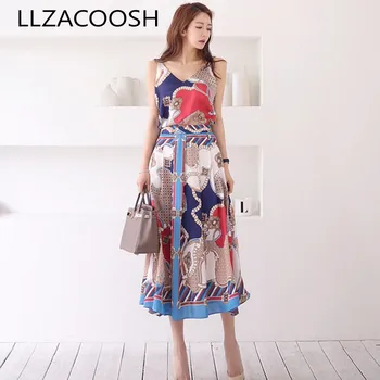 

2019 Summer Two Piece Set Women Halter V Neck Spaghetti Strap Top + Long Skirt Set Satin Silk Fashion Chains Print Skirt Suit